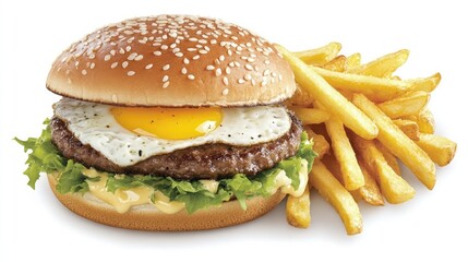 Delicious burger with egg and crispy fries