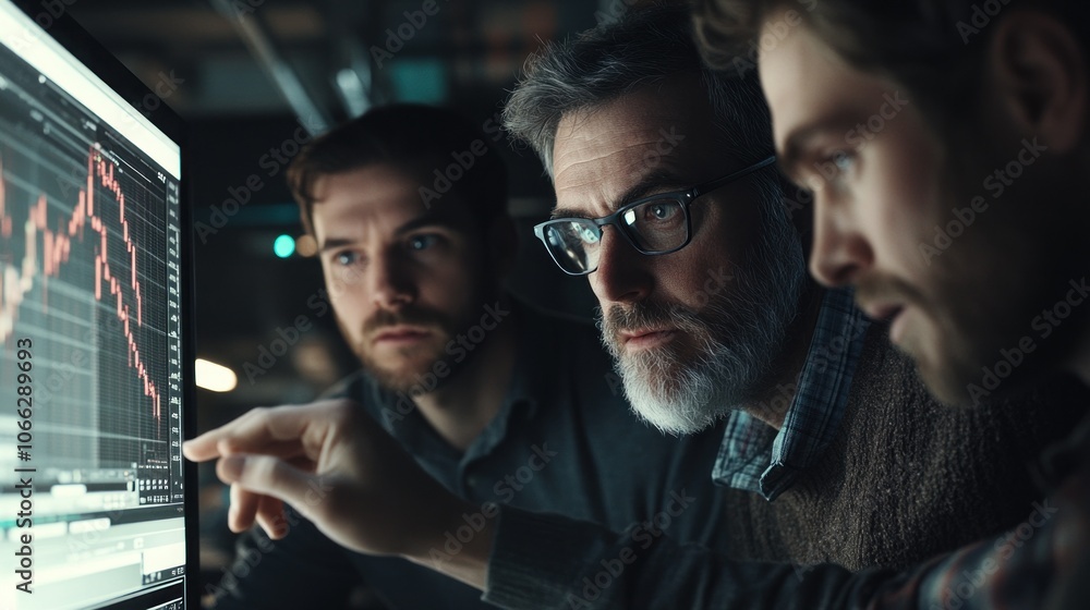 Poster three businessmen in an office analyzing financial data on a computer screen.
