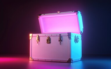 Open white wooden chest glowing pink and blue light in dark room.