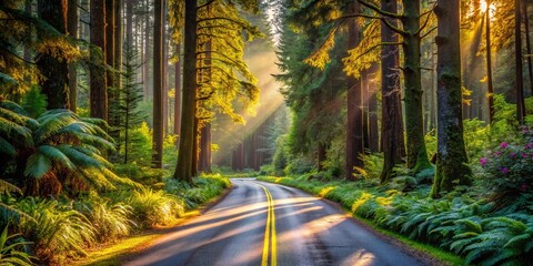 Obraz premium A Winding Road Through a Sun-Drenched Forest, Where Golden Rays Pierce Through Tall Trees, Creating a Path of Light