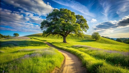 A winding dirt path through a verdant meadow, fringed with wildflowers, leading towards a lone tree standing tall against the backdrop of a vibrant blue sky with billowing clouds.