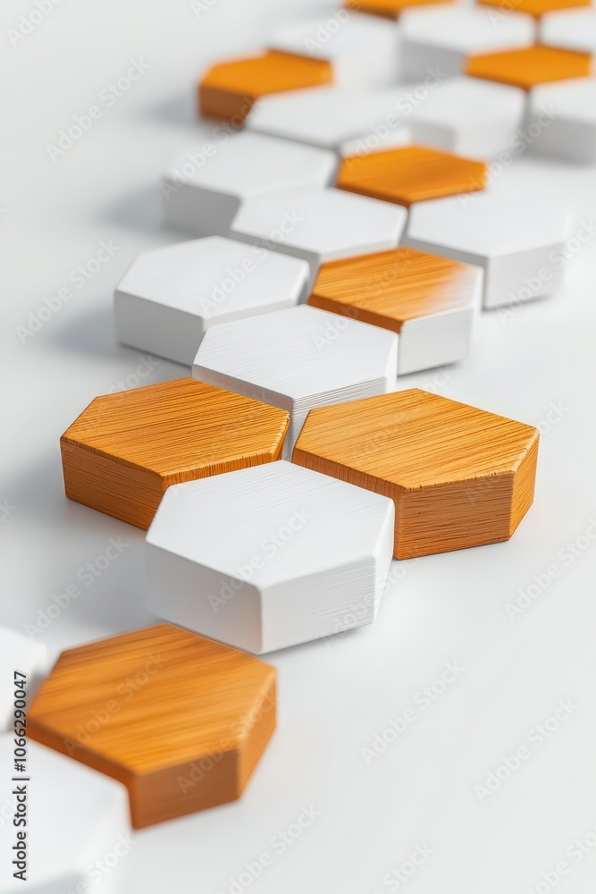 Poster interlocking hexagons creating a path, isolated to represent building solutions