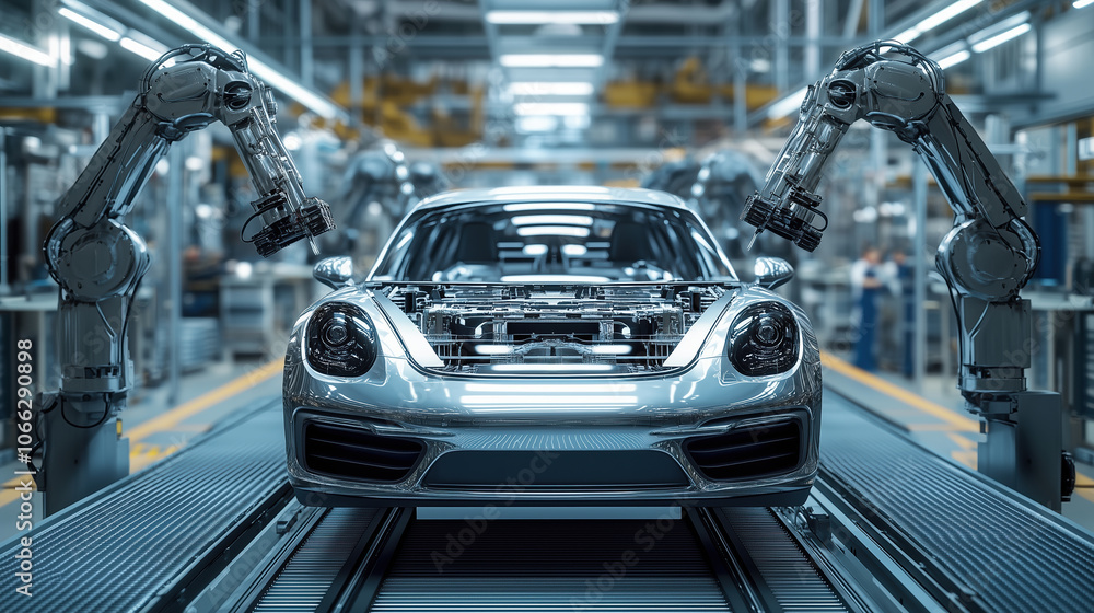 Poster automated car assembly with robotic precision. robotic arms assembling a luxury vehicle frame on a h