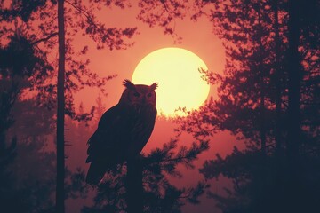 Silhouetted Owl Perched on a Branch Against a Setting Sun in a Forest