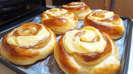 Freshly Baked Cream Cheese Cinnamon Rolls on Tray