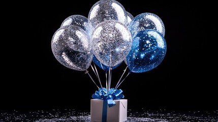 Gift box with blue and silver confetti balloons on black background