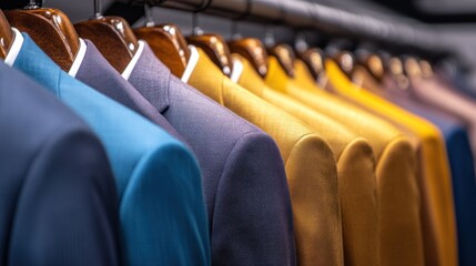 Obraz premium Men's formal wear collection with contrasting suit colors, all displayed on a white background.