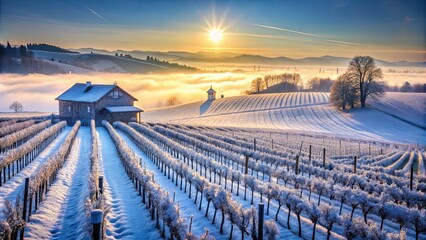 A rural winter landscape with a lone farmhouse and a small chapel nestled amidst a frost-covered vineyard, bathed in the golden glow of sunrise.