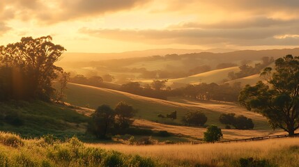Fototapeta premium Golden Sunset Over Rolling Hills and Trees