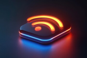 Rss neon sign glowing on dark background representing news feed and updates