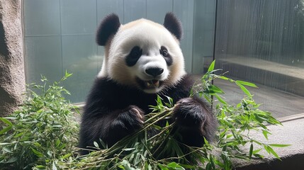 Fototapeta premium Cute giant panda eating bamboo in enclosure