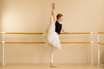 Ballet dancer holding a high leg extension while balancing at barre
