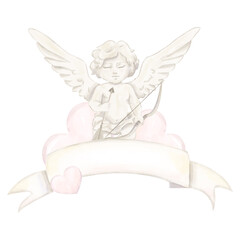 Fototapeta premium Watercolor Illustration Banner Ribbon with Cupid Antique, Bow, Arrow, Pink Hearts, Valentine's Day Attribute, Copy Space Image For Print and Web Design