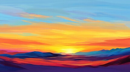 Open desert sunset, the sky ablaze with color as the sun dips below a horizon of sand dunes.