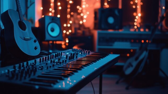A close-up of a keyboard in a music studio with a guitar, speakers, and fairy lights in the background.