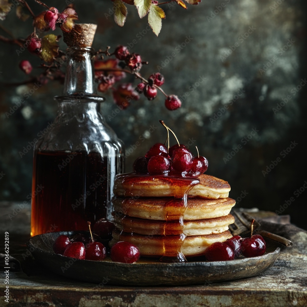 Poster a stack of pancakes with cherries and maple syrup.