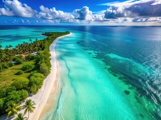 Obraz premium Aerial View of Turquoise Water and Sandy Beach â€“ Tropical Paradise, Coastal Serenity, Beach Vacation, Ocean Waves, Scenic Landscape, Nature Beauty, Summer Escape, Relaxation, Destination Travel