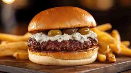 Juicy Burger with Sauce and Fries on a Wooden Board
