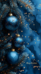 Watercolor style winter invitation with coniferous branches and ornaments hanging from them, and the text "Merry Christmas" written in cursive script on one side.