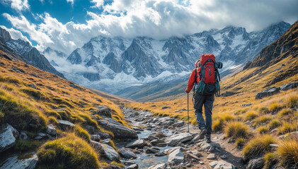 Fototapeta premium Solo Trekker Embarking on a Majestic Mountain Adventure