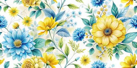 Obraz premium Beautiful Floral Pattern with Yellow and Blue Flowers on Clean White Background, Featuring Lush Green Leaves and Stems - Perfect for Home Decor and Textile Design
