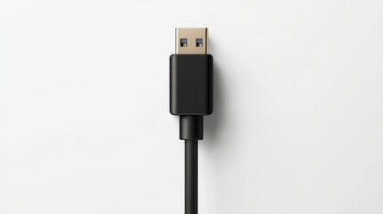 A close-up of a black USB cable connector on a white background, illustrating modern technology and connectivity.