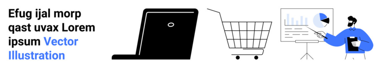 Laptop, shopping cart, and man presenting data on screen with pie chart and graphs. Ideal for e-commerce, business analytics, online shopping, marketing, sales strategies, remote work, presentations