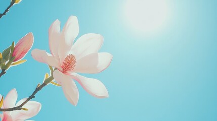 Obraz premium A single pink magnolia flower blooms against a clear blue sky with the sun shining in the background.