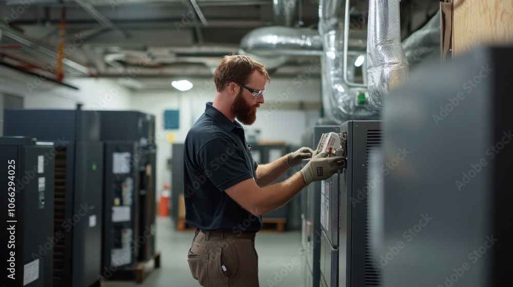 Canvas Prints Professional HVAC technician setting up heating and cooling systems with automated air distribution for maximum efficiency.