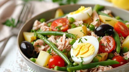 Tuna salad with green beans, cherry tomatoes and olives.