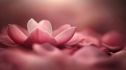 A single pink flower blossom with soft light, surrounded by petals.