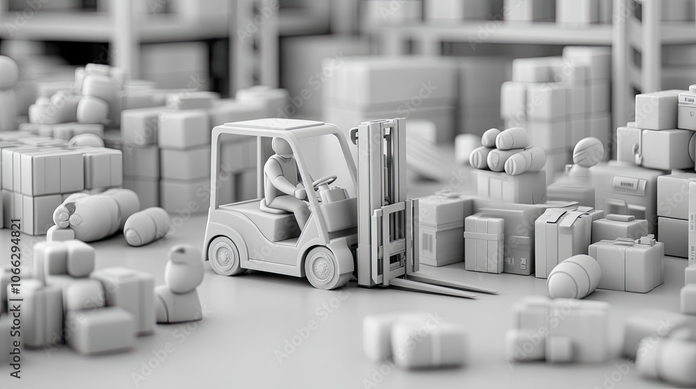 Poster black and white high resolution image of busy warehouse scene featuring forklift operator navigating