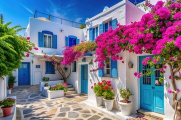 Charming Cycladic Houses with Blue Accents Surrounded by Bougainvillea on a Greek Island â€“ Urban Exploration Photography