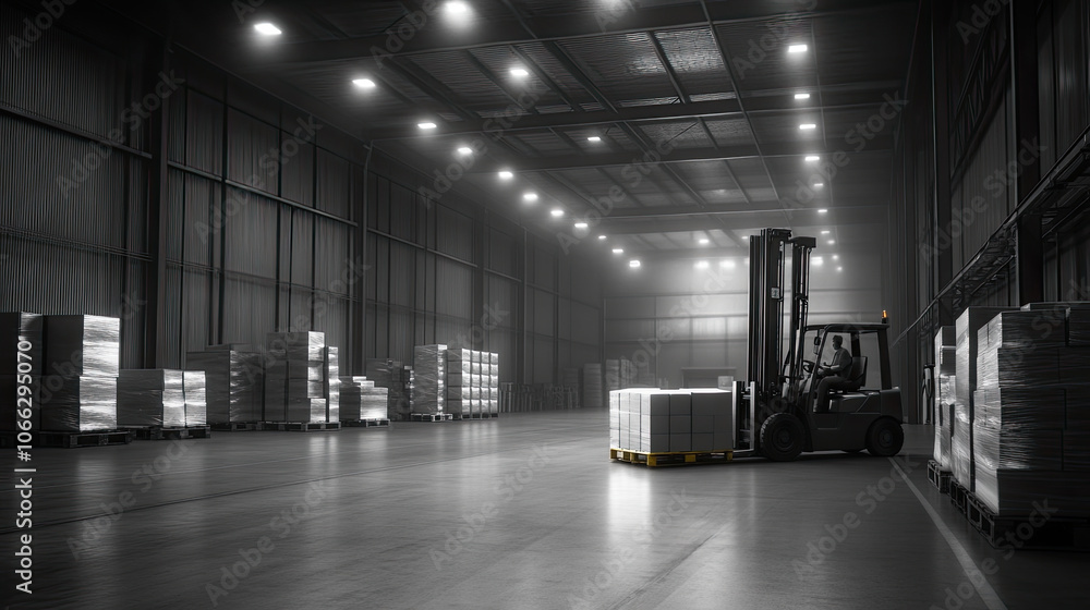 Poster black and white high resolution scene of warehouse with stacked pallets and forklift in operation, c