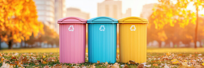 Colorful recycling bins in park during autumn, labeled for paper, plastic, and metal. vibrant colors stand out against fallen leaves, promoting eco friendly practices