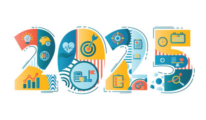2025 new year goal plan action with target icons, Business , financial, health care, environment, education plan and strategies. Annual plan and development for achieving goal to success. Vector set.