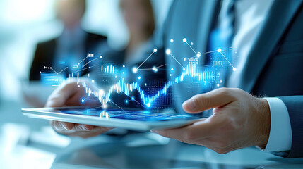 businessman smiling while holding tablet displaying financial data and graphs, showcasing modern technology in corporate environment