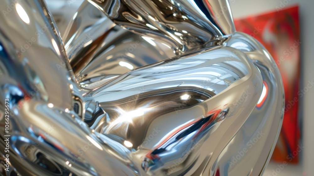 Poster close up view of a modern chrome sculpture reflecting the surrounding gallery space, creating a sens