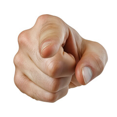 Close-up of a hand pointing forward with an assertive gesture on a white isolated background.