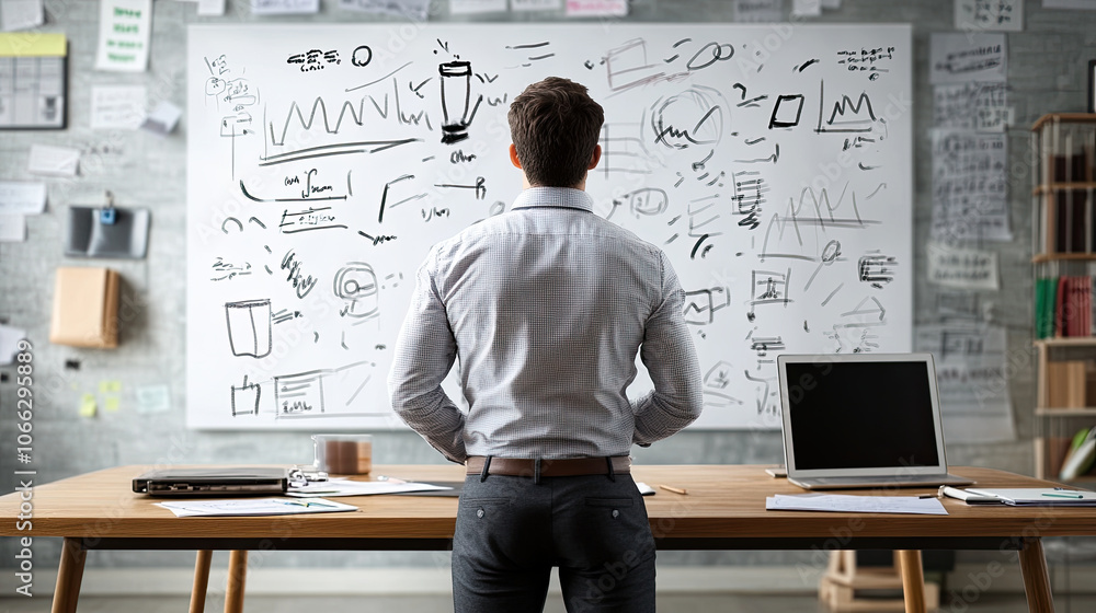 Poster man standing in front of digital whiteboard filled with sketches and notes, contemplating ideas in m