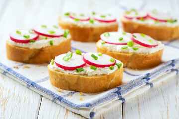French bread Baguette with cream cheese and radish. Summer vegetarian snacks.