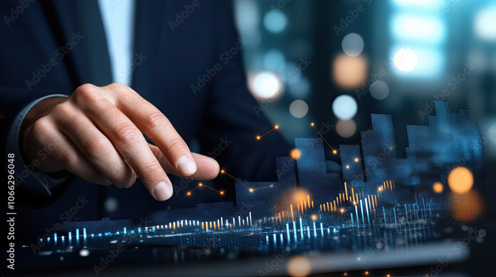 Poster professional man analyzing digital data on touchscreen interface, showcasing graphs and analytics in modern setting. atmosphere is dynamic and tech focused