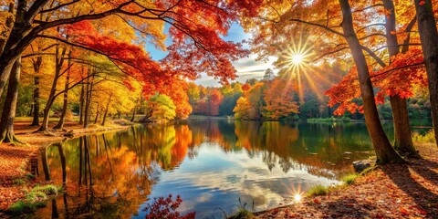 Golden Hues Reflected on a Tranquil Pond, Bathed in the Warm Glow of a Setting Sun, Autumn's Tapestry Unveiled