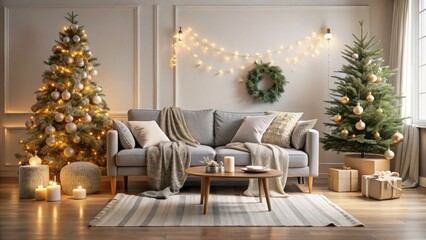 Cozy Minimalist Living Room for Christmas: Festive Tree, Warm Blankets, Decorative Pillows, and Holiday Atmosphere