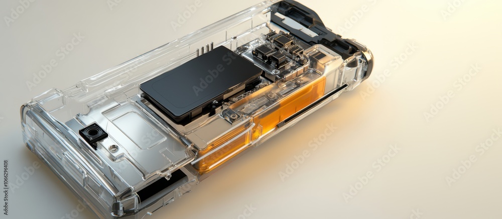 Poster a transparent electronic device showcases its internal components, featuring a battery and circuit b