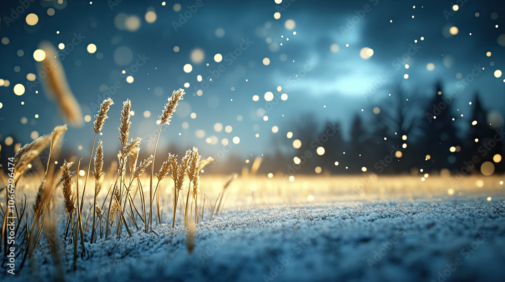 Poster serene winter field with golden grass swaying in snow, illuminated by soft light and falling snowfla