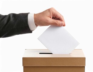 Man hand putting ballot paper into ballot box isolated on white background