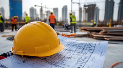 Construction site with yellow hard hat and blueprints in focus, showcasing workers in background. scene conveys sense of teamwork and progress in urban development