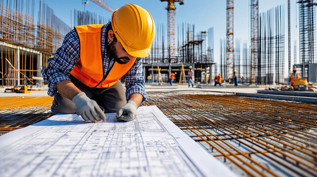 Construction supervisor reviewing blueprints on building site, wearing hard hat and safety vest. scene captures essence of teamwork and dedication in construction