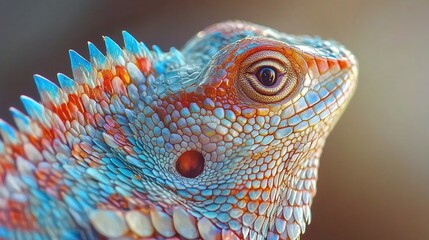 Naklejka premium A vibrant close-up of a colorful lizard showcasing intricate scales in natural light